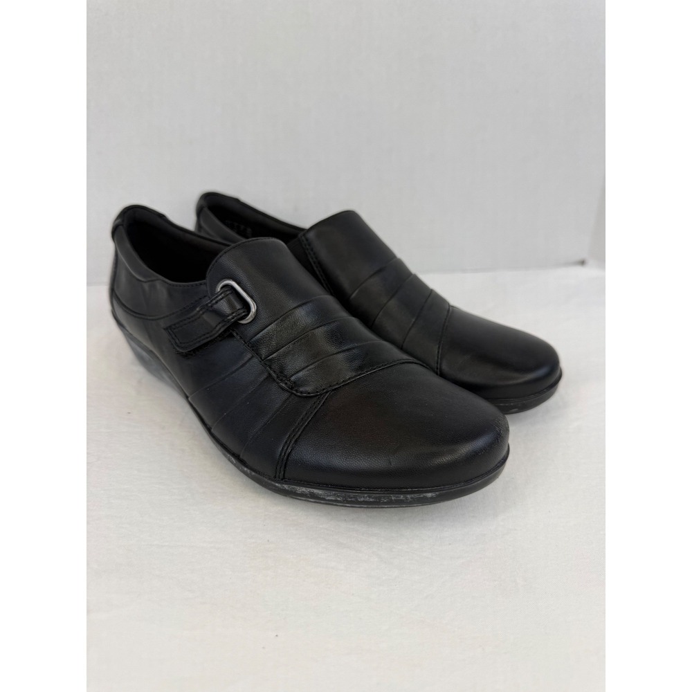 Clarks Collection Black Leather Pleated Hook Loop Strap Loafers Womens 8.5 M